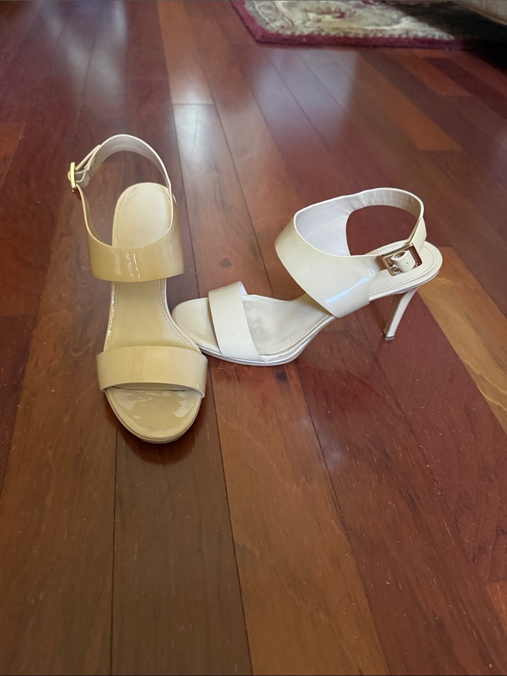 Michael Kors Patent Leather Open-Toe Ankle-Strap Heels in Cream